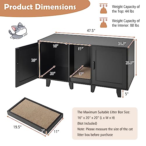 PETSITE Litter Box Enclosure for 2 Litter Boxes, Hidden Cat Washroom TV Stand End Table with 2 Cabinet, Scratching Board, Indoor Cat Litter Furniture, Patented - color: Black