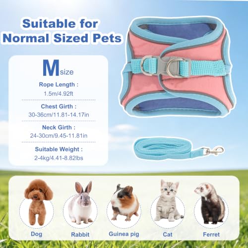 Bunny Harness and Leash Set Double Buckle | Soft Rabbit Harnesses with Carrot | Adjustable Reflective Strips Jacket Escape-Proof Vest for Puppy Guinea Pigs Pet Ferret Walking(Blue-Pink-M) - color: Blue-pink, size: M