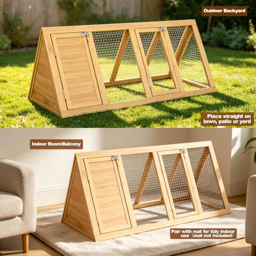 Small Chicken Coop, Wooden Rabbit Hutch Outdoor, Triangular Bunny Cage with Run, 2 Door Small Animal House for Rabbits, Guinea Pigs, Chickens(Backyard)