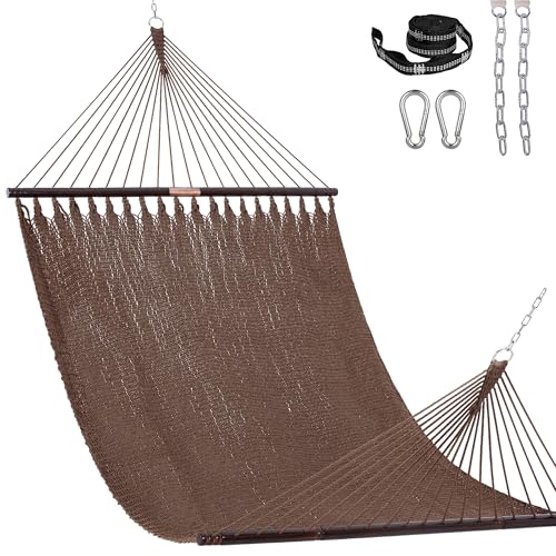 Lazy Daze XL Handwoven Caribbean Rope Hammock, 2+ Person Hammock | 13FT Polyester Outdoor Hammock with Spreader Bars & Straps & Carabiners, 500lbs Capacity for Outside, Patio, Brown - color: Brown