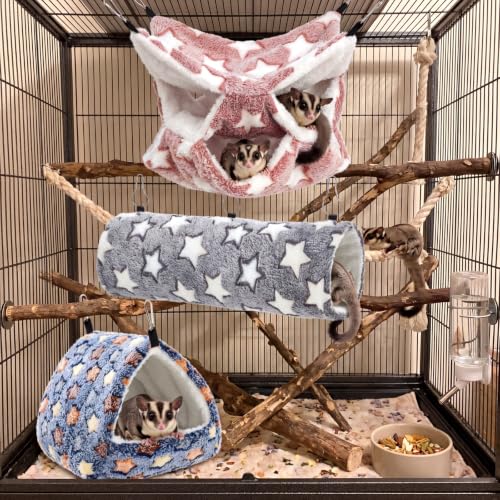 Abbylike 9 Pieces Rat Hammock 3 Tier Guinea Pig Ferret Hammocks Small Pet Hanging Tunnel Glider Toy Guinea Pig Ferret Hideout Bed Cage Accessories for Hamster(Navy,Grey,Pink,Star) - color: Navy,Grey,Pink,