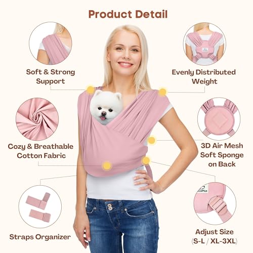 Small Dog Sling Carrier, Hands-Free, Light Pink, Regular | Patented Front Carrier Reduces Back and Neck Strain; Adjustable, Soft Cotton, 3D Air Mesh for Puppies & Cats up to 20 lb - color: Light Pink, size: Regular