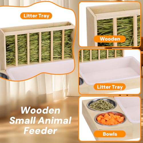 3-in-1 Wooden Rabbit Hay Feeder with Litter Box for Rabbits & Small Pets | Sturdy Wooden Hay Feeder Set for Guinea Pigs, Chinchillas, Hamsters, Ferret and Other Small Animal