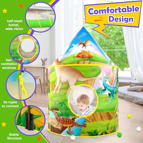 PigPigPen 3pc Dinosaur Play Tent for Kids, Baby Ball Pit, Crawl Tunnel, Castle Tents for Toddlers, Children Indoor & Outdoor Playhouse Toys, Perfect Kid’s Gifts - style: 3PC Dinosaur Tent