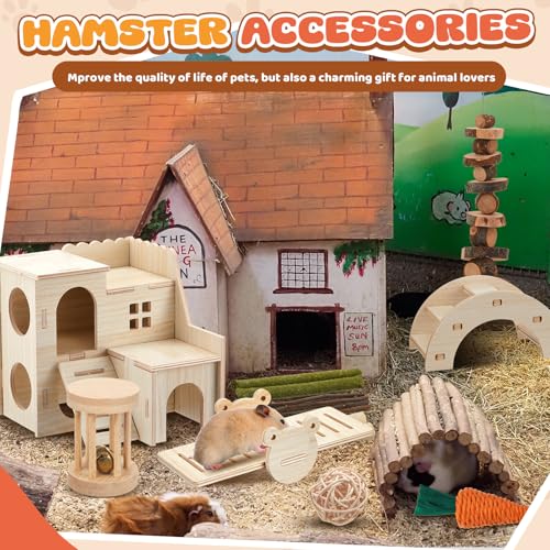 8 Pcs Hamster Cage Accessories Hamster Starter Kit with Maze Wood House, Bridge, Seesaw, Chew Toys Set for Gerbils and Mice Small Animals Habitat Supplies(Classic Villa) - style: Classic Villa