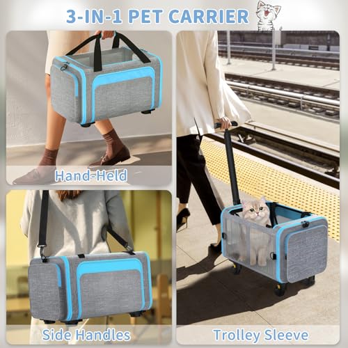 Airline Pet Carrier with Wheels, 18x11x11 for Cats & Toy Dogs | Soft-sided nylon under-seat bag, removable wheels, expandable mesh, cats & toy-breed dogs, measure pet before buying - color: Blue