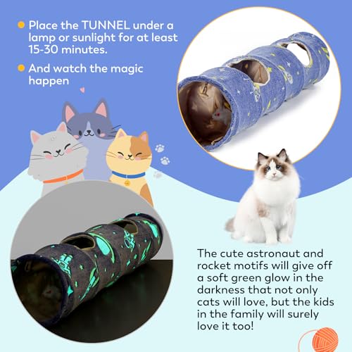 Glowing Astronaut Pattern Cat Tunnel - Collapsible with Plush Balls, Ideal for Indoor Cats, Rabbits, Kittens, Ferrets & Puppies (Blue) - color: BLUE