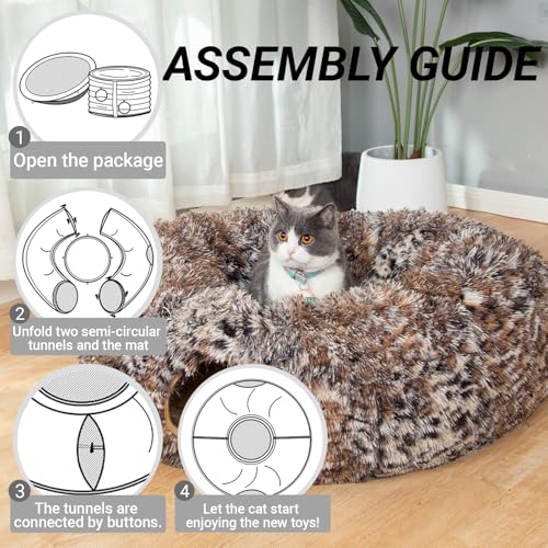 Warm Fluffy Plush Cat Tunnel Bed with Washable Cushion- Big Tube Playground Toys 3 FT Diameter Collapsible, for Indoor Cat Kitty Kitten Puppy Rabbit Ferret Leopard Print - color: Leopard