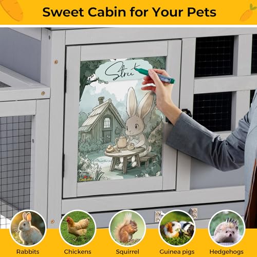 48" L Large Rabbit Hutch Outdoor Indoor, Expandable 2-Story Wooden Bunny Cage with Run, Removale Tray, 3 Entrances, Grey + Colorful Pattern