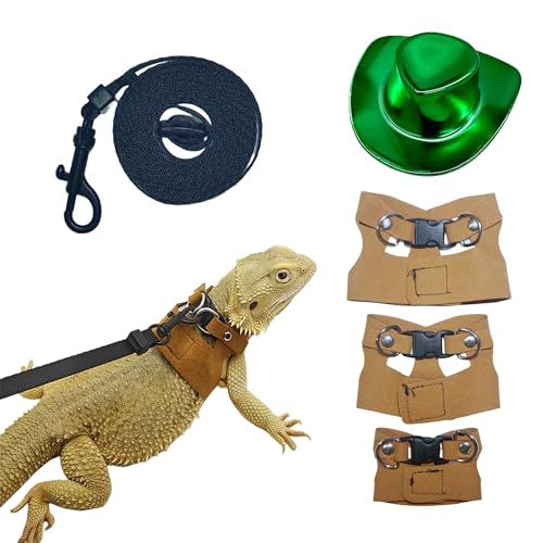 Reptile Pets Leash Harness Set with Jackets and a Party Theme Hat for Bearded Dragon Lizard, Leopard Gecko and Other Small Animal Pets, Outdoor Play, Green - color: Laser Green