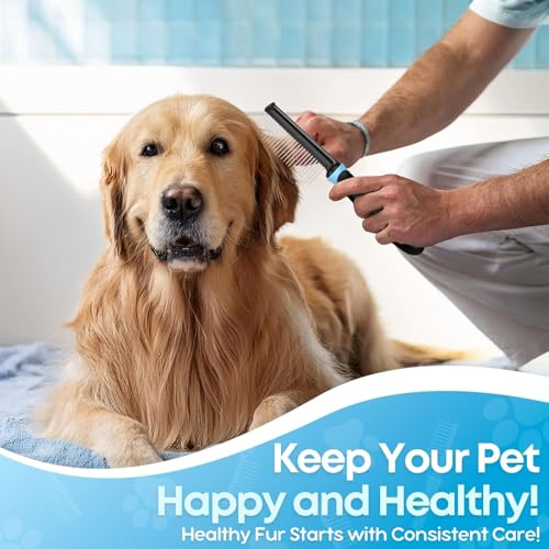 Flexzion Metal Dog Comb for Grooming and Dematting, Blue Soft-Grip Handle | Detangling Pet Comb for Dogs and Cats with Rounded Stainless Steel Teeth and a Non-Slip Grip - color: Blue