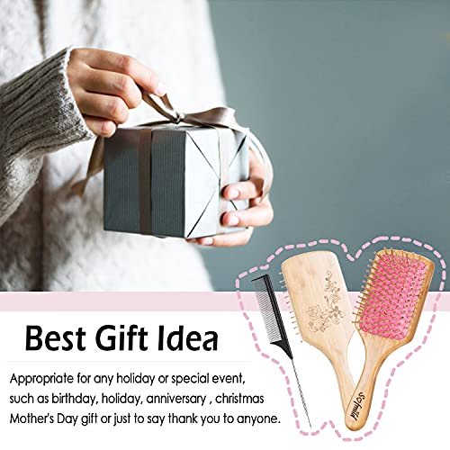 Sofmild Bamboo Hair Brush with Tail Comb, Pink Cushion Paddle Brush | Natural Wooden Hairbrush for Women Men Kids, 2 in 1 Comb Brush for Thick Curly Long Hair,Detangler Brush for Hair Growth - color: Rose