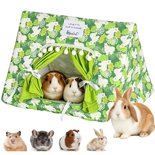Guinea Pig Hideout with Curtain Bunny Hideout Guinea Pig Tent(Green Alpaca) | Washable Bunny Hideaway Tent Bottomless Guinea pig bed cage accessories for Ferret,Rat,hamster,Hedgehog,small animal bed ﻿