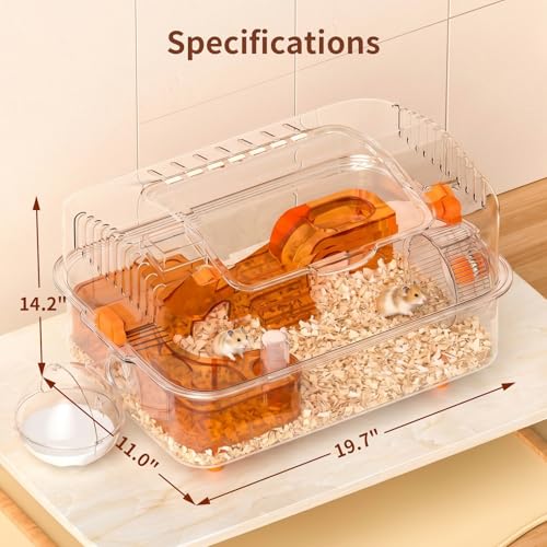 Hamster Cage with Bath, Clear PET Habitat for Dwarf Hamsters | 19.68"x14.17"x12.59", hamster enclosure with external bath area, platform, wheel and activity space for small pets - size: 19.7"L x 14.2"W x 12.6"H