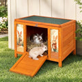 24" Outdoor Rabbit Hutch and Small Cat House for Small Animals | Openable waterproof roof, raised floor, lockable fold-down ramp door, sheltered resting area for guinea pigs, chicks and pets
