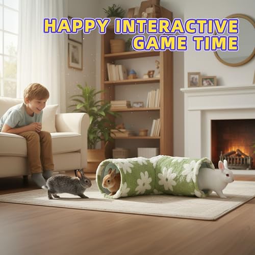 Bunny Tunnels & Tubes Collapsible 3 Way Rabbit Hideout with 13pcs Toys for Bunny Guinea Pig Hamster Chinchilla Hedgehog Rat Ferret Kitten (Flannel Flower) - color: Flannel Flower