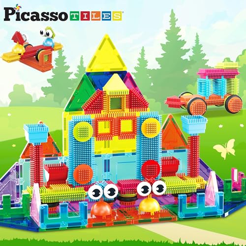 PicassoTiles Magnetic Tiles & Hedgehog 2-in1 Interlocking Brush Connector Magnet Building Blocks Construction Set Learning Playset STEM Toys Development Preschool Education Toy Toddler Age 3 Up PTE21 - style: 75 pcs 2-in1