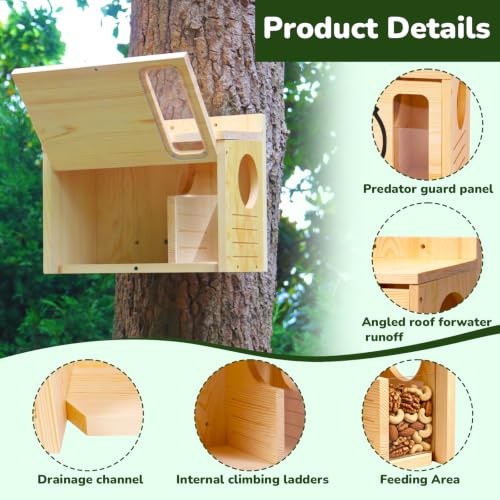 Widened Medium Wooden Squirrel House for Outside | Dual Protective Entry Design with Squirrel Feeder, Squirrel Nesting Box, Easy Assembly - size: Widened Medium
