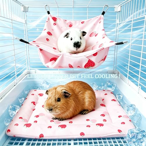 SEIS 2PCS Cooling Small Pet Hammock & Mat Set, Ice Silk Summer Cage Hanging Bed for Guinea Pig Hamster Chinchilla Rabbit, Cute Strawberry Lemon Print Breathable Pet Rest Bed (Pink) - color: Pink