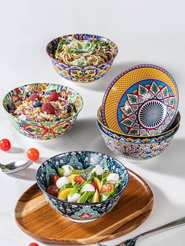 HENXFEN LEAD Boho Ceramic Cereal & Soup Bowls Set of 6, 24 oz | Assorted Patterns, Ideal for Oatmeal, Pasta, Salad, Rice, Fruit & Everyday Meals, Microwave & Dishwasher Safe - size: 24 Oz