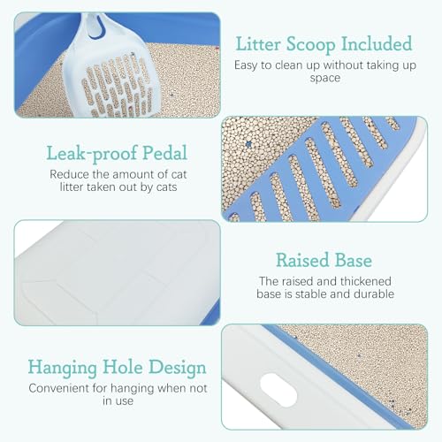 Fhiny Kitten Litter Box Portable Shallow Litter Box 17.7"x13.4"x4.9" Foldable Cat Toilet with Scoop Open Kitty Potty Pan with Litter Drop Pedal Easy to Clean Travel Kitten Toilet(Blue) - color: Blue-M