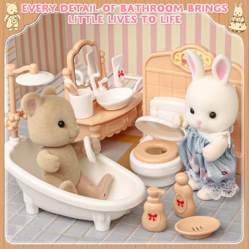 TUZT Suitcase Dollhouse Furniture Set for Kids, Mini Dollhouse Box with 2 Flexible Dolls and Bedroom&Bathroom Furnitures, Pretend Play Accessories Christmas Birthday Gift for Toddlers Ages 3+ - style: Bathroom
