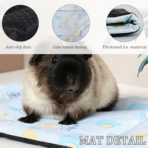 SEIS 2PCS Cooling Small Pet Hammock & Mat Set, Ice Silk Summer Cage Hanging Bed for Guinea Pig Hamster Chinchilla Rabbit, Cute Strawberry Lemon Print Breathable Pet Rest Bed (Blue) - color: Blue