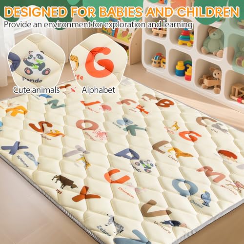 Omzer 64x64 Baby Play Mat for Floor, Playpen Mat for Toddlers Infants | Animal Alphabet Design, Safe Non-Slip Base, Extra Thick Soft Foam, Machine Washable, Foldable, Fits Playpen&Outdoor - size: 64"×64"