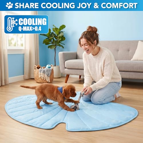 PetAmi Dog Cooling Mat, Ginkgo Leaf Shape, Pet Pad with Cooling Nylon & Soft Fleece, Q-Max > 0.4 Reversible All Season Blanket for Dogs & Cats, Small 35x40 in, Light Blue - color: Baby Blue, size: Small