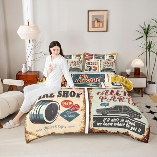 Vintage Car Signs Comforter Set For Boys, Automobile Pattern Down Comforter, Repair Vehicle Garage Bedding Set Full Size For Kids Girls Teens, Classics Servicing Duvet Insert Bedroom Decor - color: Multi 67, size: Full