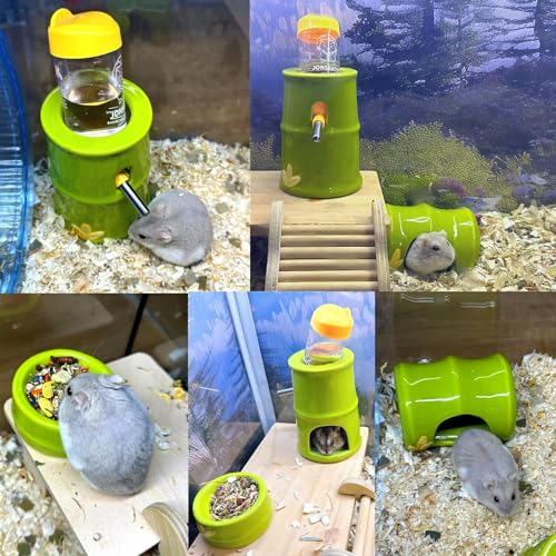 Hamiledyi Ceramic Hamster Hideout Food Bowl Water Bottle Stand Holder Dispenser Syrian House and Habitats Hide Hut Bed Cage Accessories Decor for Mice Dwarf Hamster Gerbil Rat