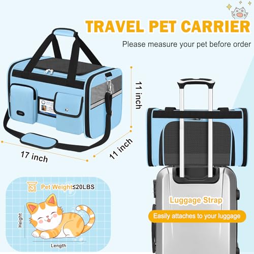 HUANLANG Large Cat Carrier Travel Soft Sided Pet Carrier Airline Approved | Dog Carriers for Small Dogs Medium Cats,Collapsible,3 Storage,zipper lock,Reflective strips,Luggage Strap, Up to 15 Lbs - color: Light Blue