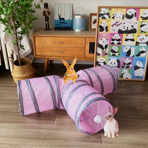 Rabbit Tunnels & Tubes Collapsible 3 Way Pink Grey, Play Tunnel Tube Toy with Hanging Ball for Kitten, Puppy, Bunny, Ferret, Interactive Toys for Fun Playtime & Exercise - color: pink