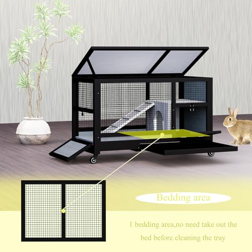 Wooden Rabbit Hutch Indoor Outdoor Bunny Cage on Wheels, Mobile Rabbit House with Deep No-Leak Pull Out Tray, Ramp & Hideout, Large Wooden Small Animal Habitat for Guinea Pigs, Chinchillas (Black)
