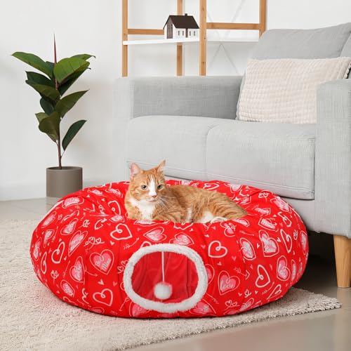 Soulchen Cat Tunnel Bed 3 ft x 3 ft x 9.8 Inches Cat Tunnel Tree Skirt Red Heart Pet Cave Donut Decor for Indoor Small Medium Kittens Dog Rabbit Ferret