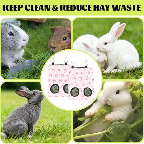 2Pcs 2 Styles Small Pet Hanging Hay Bag Pink Hay Feeder Bag with 2 Holes Bowknot Pattern Cloth Washable Rectangle Feeding Storage for Rabbit Chinchillas Hamsters Guinea Pigs 12 x 9 Inch - color: Bowknot