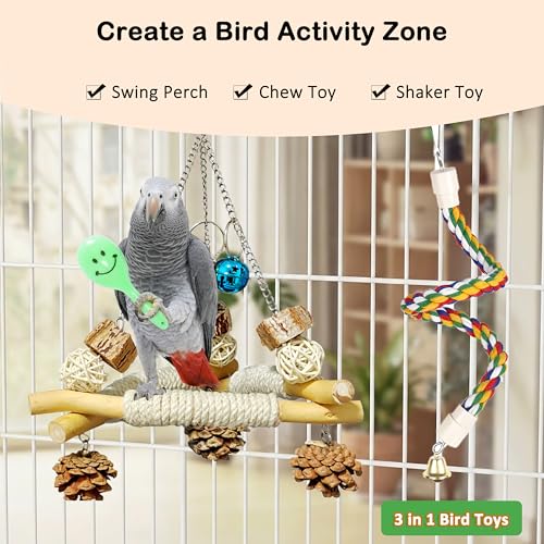 3 in 1 Bird Swing and Climbing Rope Set Triangle Wooden Perch with Bells and Natural Chew Toys Flexible Cotton Rope Ladder and Maraca Toy for Cockatiels Conures and Budgies