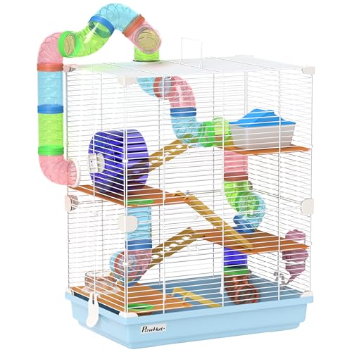 PawHut 18" 5 Tier Hamster Cage with Tubes and Tunnels, Small Animal Cage with Portable Carry Handle, Gerbil Cage with Water Bottle, Food Dish, Exercise Wheel, Light Blue | Small Animal Cage, Portable Carry Handle, Water Bottle, Food Dish, Exercise Wheel -