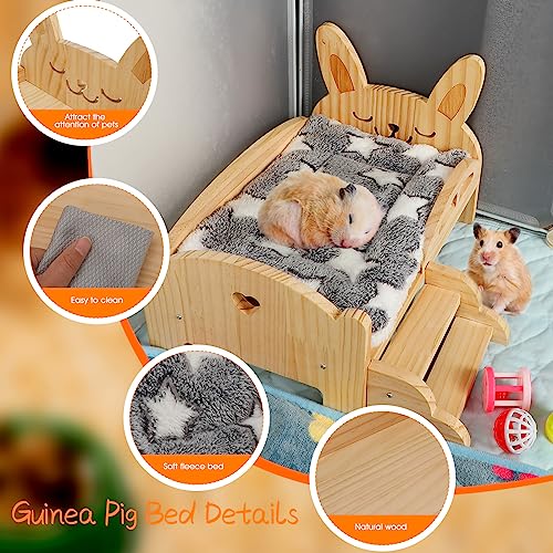 BWOGUE Wooden Guinea Pig Bed with Stairs, Guinea Pig Platform Bed | Guinea Pig Wood Bed Platform, 2-in-1 Design, Washable Soft Fleece Mat, 13.5 x 8.5 x 8.7 in, Hamsters & Chinchillas - size: 13.5''×9.3''×3.3''