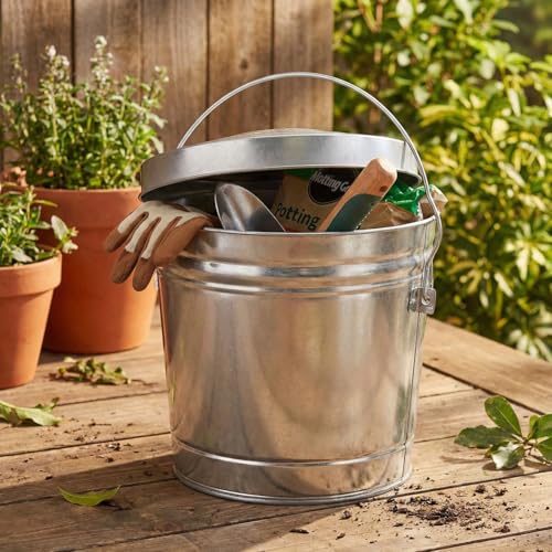 Galvanized Steel Locking Lid Trash Can - 6-Gallon Rodent-Proof Outdoor Storage Bin with Weather-Resistant Lid, Pet Food, Bird Seed, Charcoal Storage, Heavy Duty Metal Can