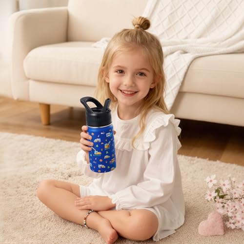 14 Oz Kids Water Bottle, Stainless Steel Water Bottle with Straws, Leak-Proof, BPA-Free, Insulated Water Bottles for School Boys & Girls|Blue Car - color: Blue cartoon car