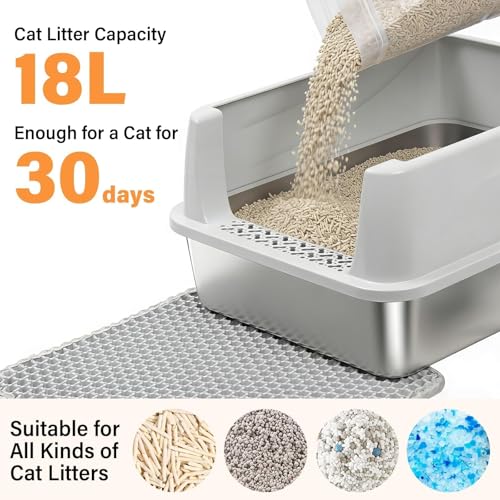 Stainless Steel Cat Litter Box for Kittens, Low Entry Kitten Litter Box | Small Metal Litter Box, Includes Scoop and Mat, High Sided, Non-Sticky, Anti-Urine Leakage, Easy Cleaning - size: Small(17.3"x13.4"x8.1")