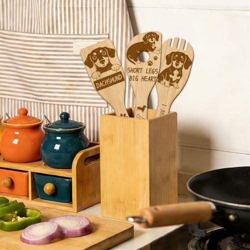GLOBLELAND 6 Pcs Dachshund Wooden Spoons Utensil Set Cute Dog Bamboo Carving Kitchen Cooking Utensils Wooden Engraved Cooking Spatula Sets for Kitchen Fun House Warming Gift - color: Dachshund