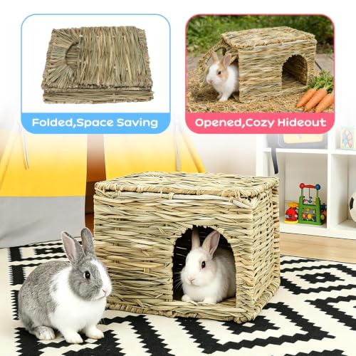 2 Pack 14.6"×10.2"×9" Foldable Large Grass Bunny House for Small Animals | Rabbit Hut Hideaway Bed with Hay Mat & Chew Toy, Fits Guinea Pigs, Hamsters & Small Animals