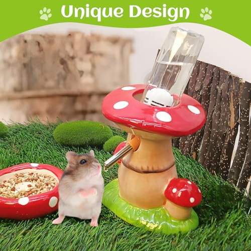 BNOSDM Hamster Water Bottle No Drip Ceramic Hamster Water Bottle for Glass Tank - 80ML Water Dispenser with Mushroom Stand Holder for Syrian Hamsters, Dwarf Hamsters, Mice, Gerbils(red) - color: Red-Mushroom