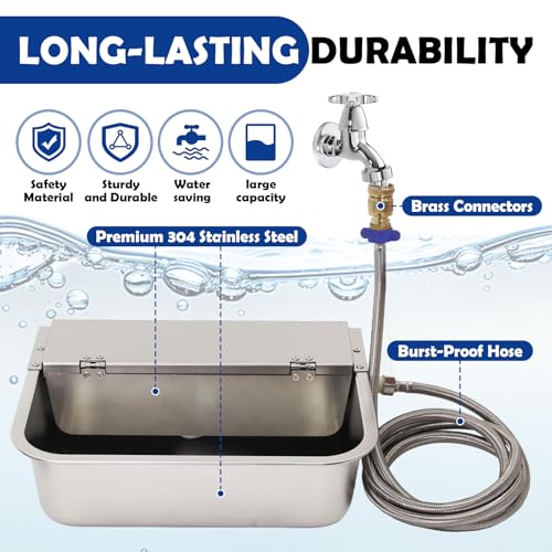 Automatic Dog Water Dispenser 2.5 Gal, 304 Stainless Steel Auto Pet Waterer Bowl with Drainage System + 6.56ft Hose + Float Valve, for Goat Chicken Horse Livestock, 3/4'' GHT Connector Included