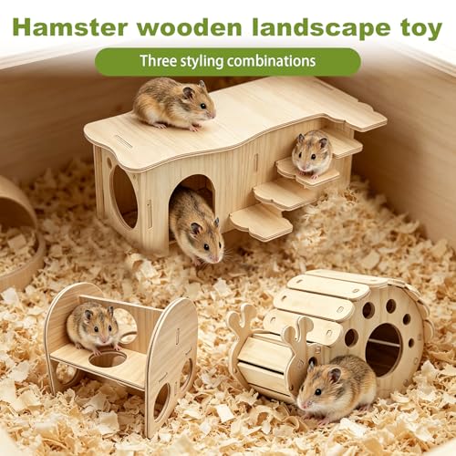 3-Piece Wooden Hamster Platform Set,A Wooden Hamster House with Climbing Ladder, A Snail-Shaped House,A Wood Hamster Toys, Small Pets Activity Toy for Dwarf Gerbil Mouse Mice Rat Small Animals C - color: N