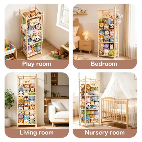 Stuffed Animal Storage, Stuffed Animals Organizer Holder Zoo, 53.54" Large Wooden Plushies Storage with Wheels, Stuffed Animal Cage for Playrooms, Bedrooms, Living Room