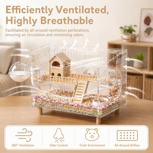 8-in-1 Small Acrylic Hamster Cage, 2-Tier Top Open with All Accessories | Clear 360 Viewing,18.5"x11.8"x14.6",Fits Dwarf Hamsters,Gerbils & Mice,Detachable Tray, Three-sided Ventilation.