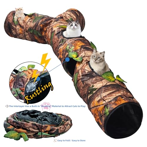 Foldable 3 Way Cat Play Tunnel for Indoor Cats,Cat Tunnel Toy | Camouflage Tree Bark Cat Tube with Peek Hole & Crinkle Paper ,Interactive Play Toy for Cat Kittens, Rabbits & Small Animals - color: 59"-Cat Tunnel Toy Brown